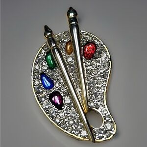 VTG Artist Palette Rhinestone Brooch Gold Brass Tone Color Art Brushes